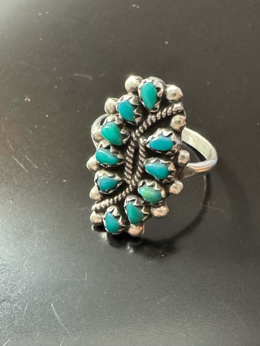 Zuni Sterling Silver Turquoise Cluster Ring Size 4.75 - Petit Point Style